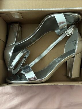 Worthington Metallic Silver Block Heel Ankle-Strap Sandals